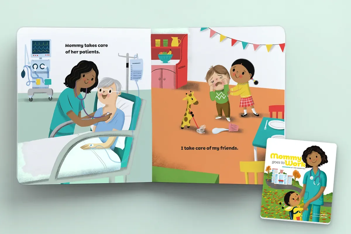 Mommy Goes to Work at the Hospital, open to three spreads in turn: she takes care of her patients, studies the X-ray, and works with her team, while the child cares for friends, studies the T-rex, and works with the group; the cover rests in the corner
