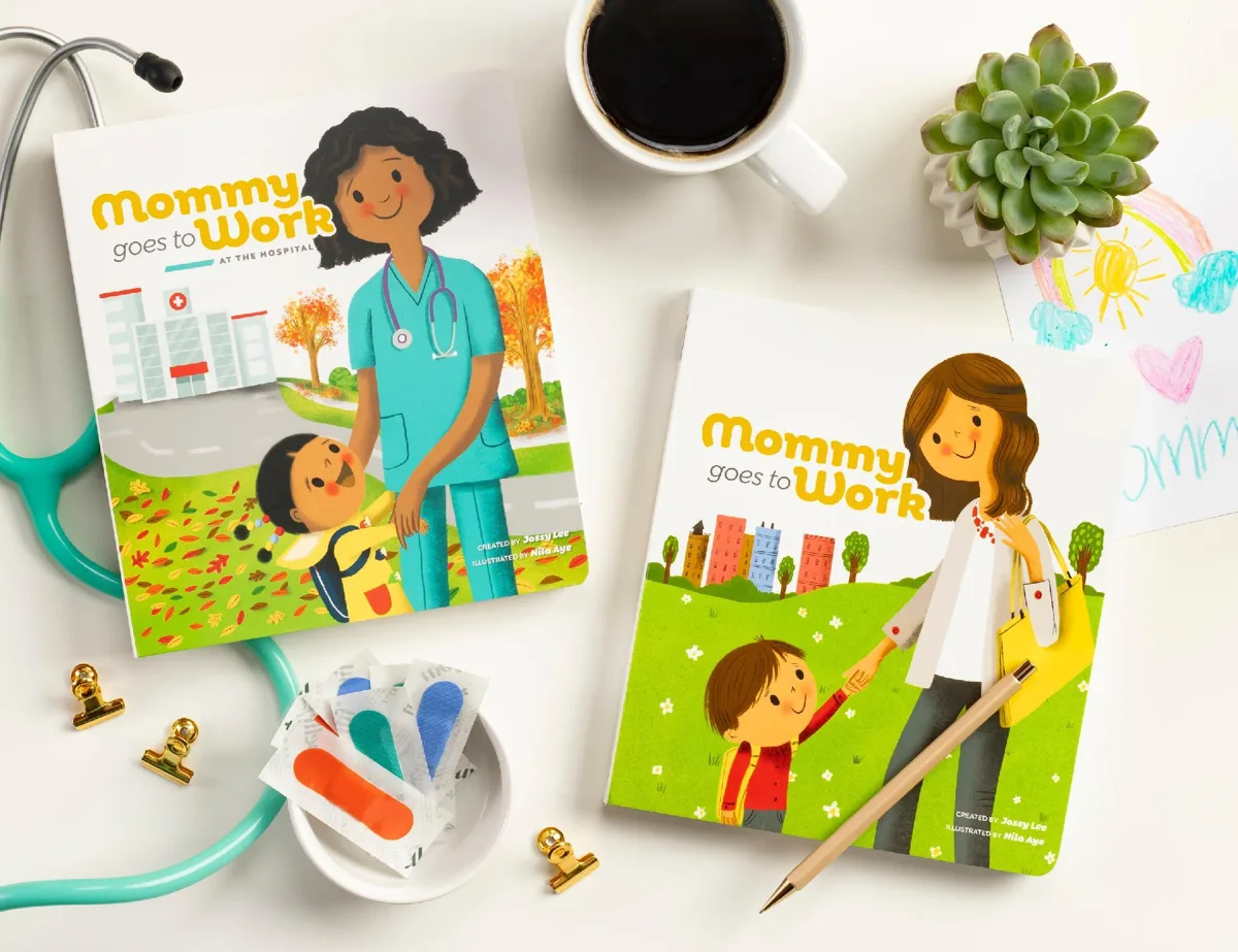 Mommy Goes to Work at the Hospital and the Office edition on a desk with a stethoscope, bandages and a cup of coffee