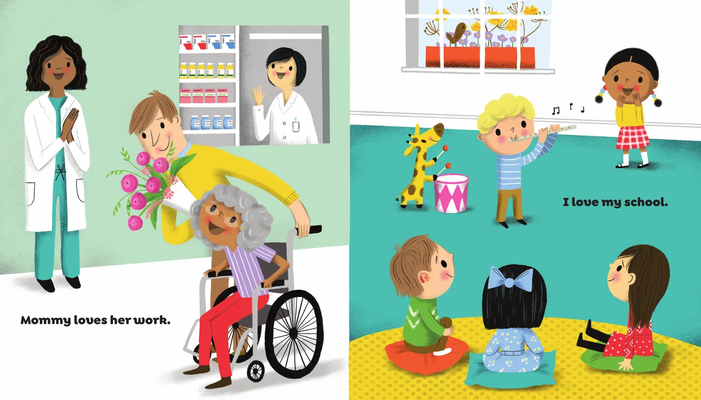 Inside the book: Mommy loves her work, I love my school; a boy in a green shirt with a hearing aid listens to the music