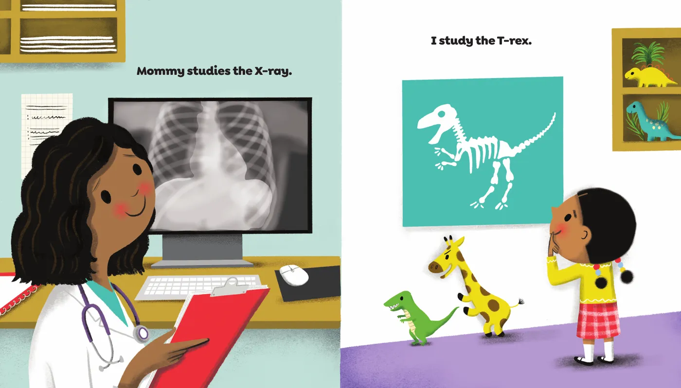 Inside the book: Mommy studies the X-ray, I study the T-rex