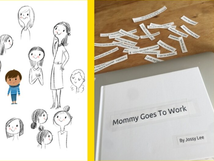 Early character sketches beside the first printed dummy, its lines cut into strips and rearranged on the table